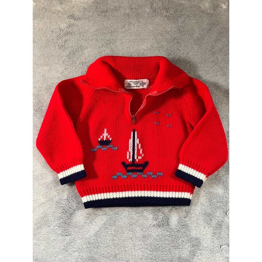 Vintage Nautical Sailboat Sweater Red 90s Quarter Zip Knit Preppy Coastal Grandp